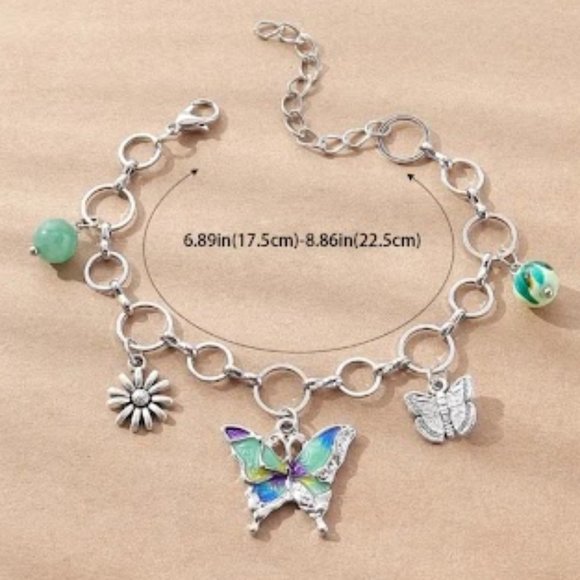 Beautiful Butterfly, Sunflower Silver Color Charm Bracelet 6.89" with 2" Extendr - Picture 2 of 4